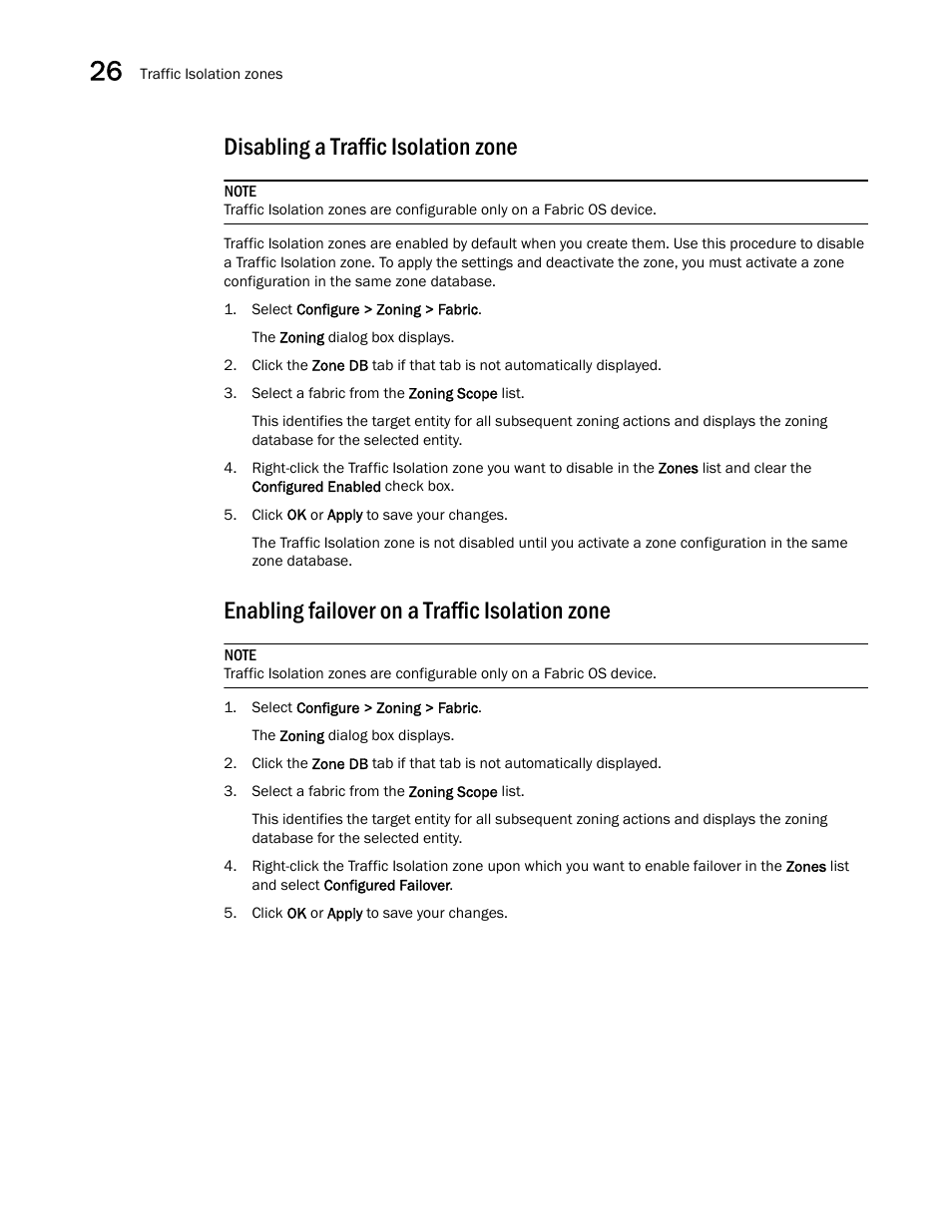 Disabling a traffic isolation zone, Enabling failover on a traffic isolation zone | Brocade Network Advisor SAN + IP User Manual v12.1.0 User Manual | Page 1135 / 2389