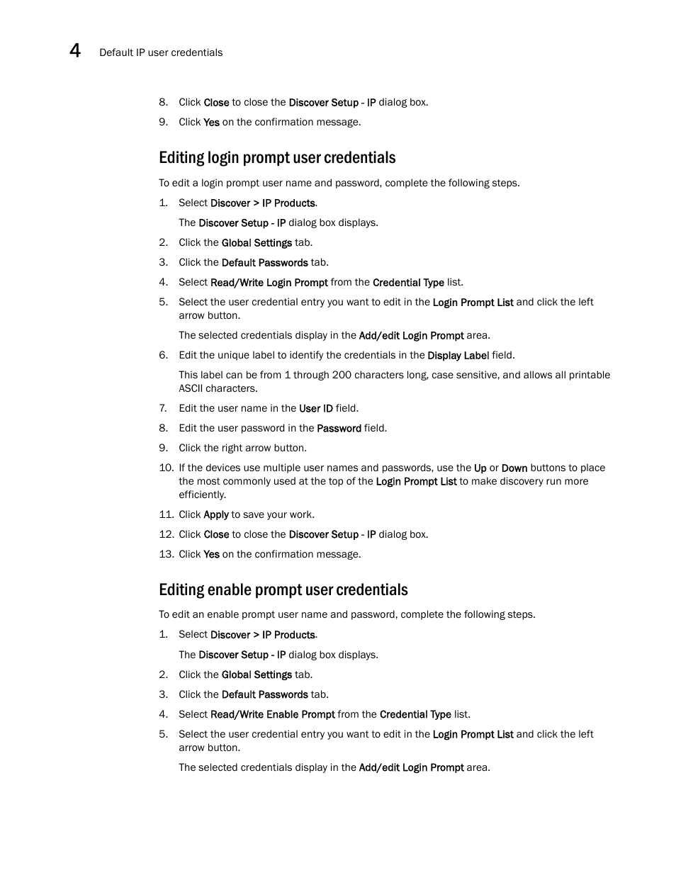 Editing login prompt user credentials, Editing enable prompt user credentials | Brocade Network Advisor SAN + IP User Manual v12.1.0 User Manual | Page 159 / 2389