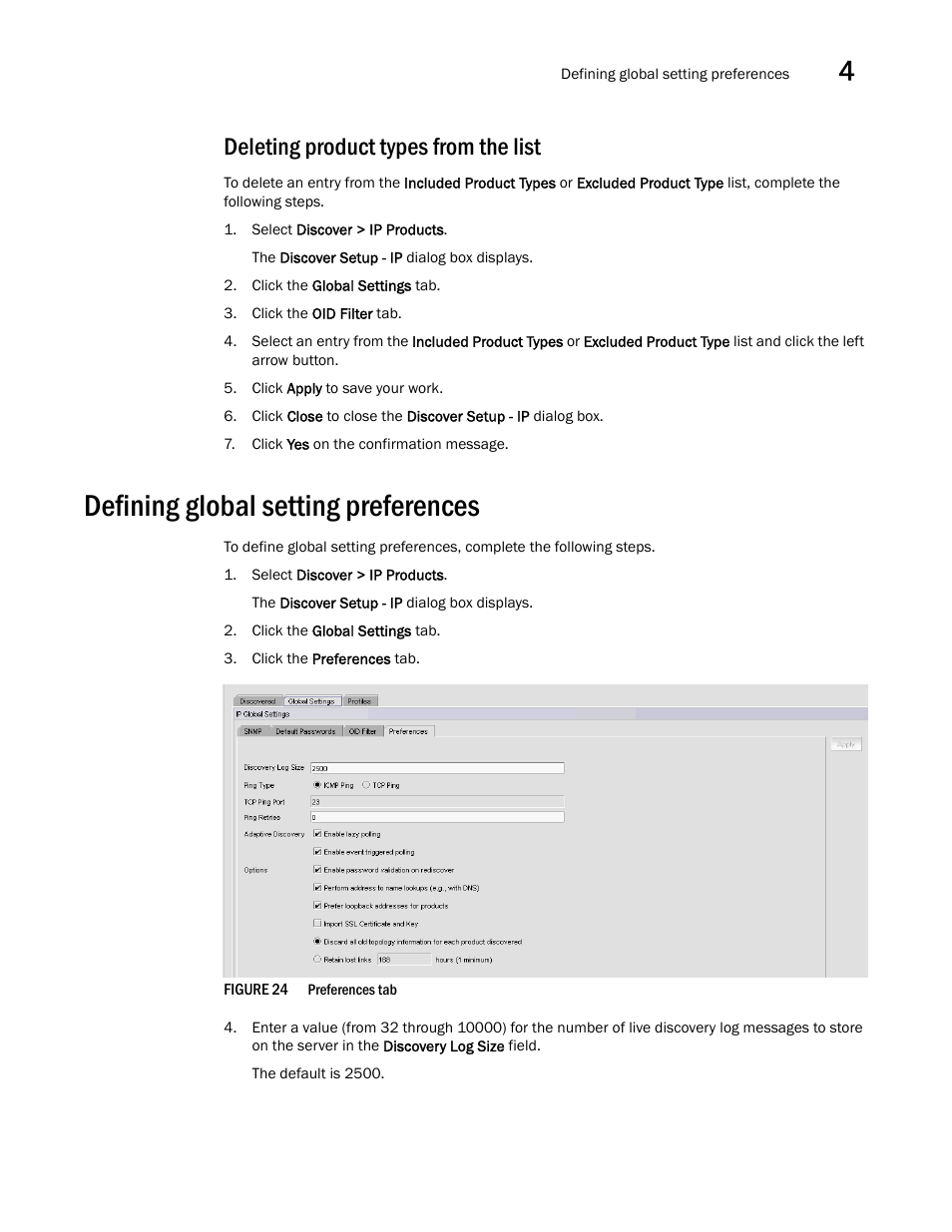 Deleting product types from the list, Defining global setting preferences, Defining global setting | Preferences, Defining global, Setting preferences | Brocade Network Advisor SAN + IP User Manual v12.1.0 User Manual | Page 164 / 2389