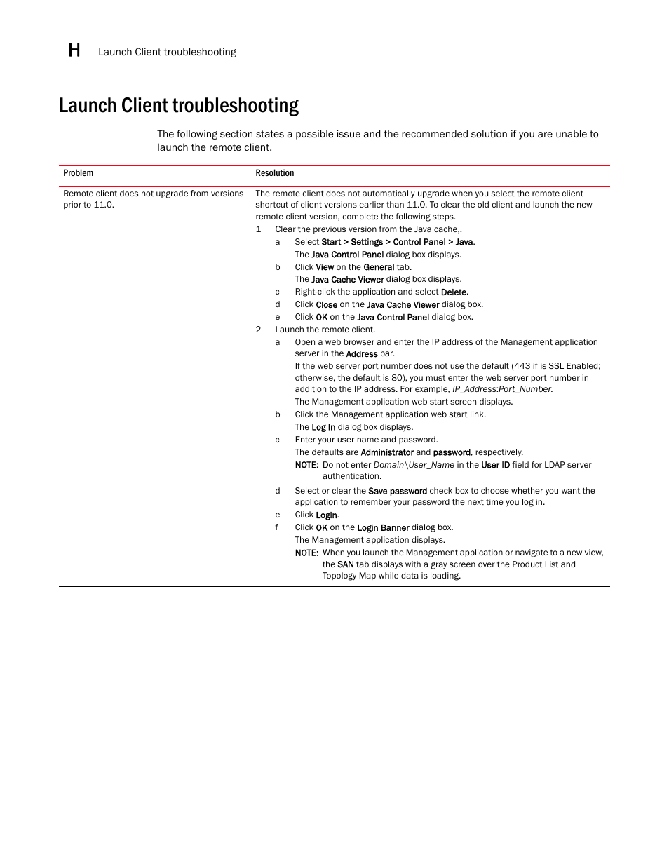 Launch client troubleshooting, Launch client troubleshooting 2 | Brocade Network Advisor SAN + IP User Manual v12.1.0 User Manual | Page 2060 / 2389