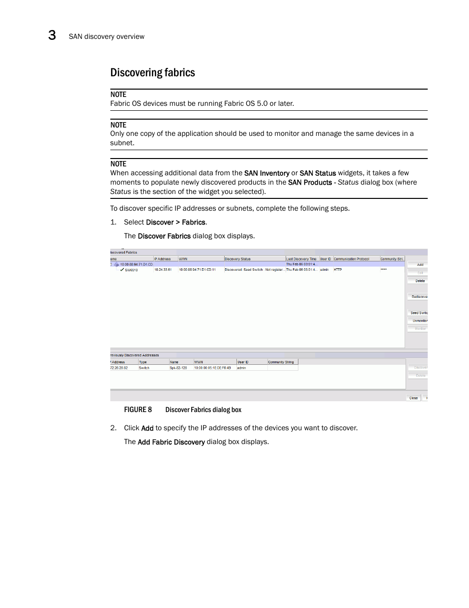Discovering fabrics | Brocade Network Advisor SAN + IP User Manual v12.3.0 User Manual | Page 110 / 2702