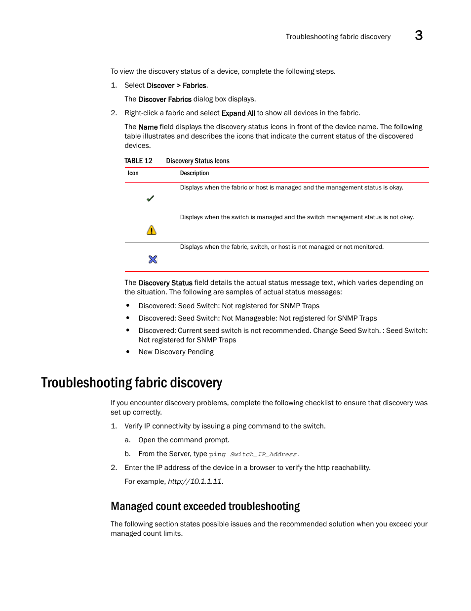 Troubleshooting fabric discovery, Managed count exceeded troubleshooting | Brocade Network Advisor SAN + IP User Manual v12.3.0 User Manual | Page 119 / 2702