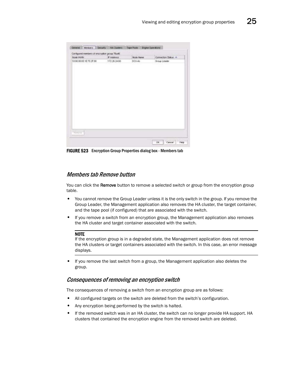Members tab remove button, Consequences of removing an encryption switch | Brocade Network Advisor SAN + IP User Manual v12.3.0 User Manual | Page 1227 / 2702