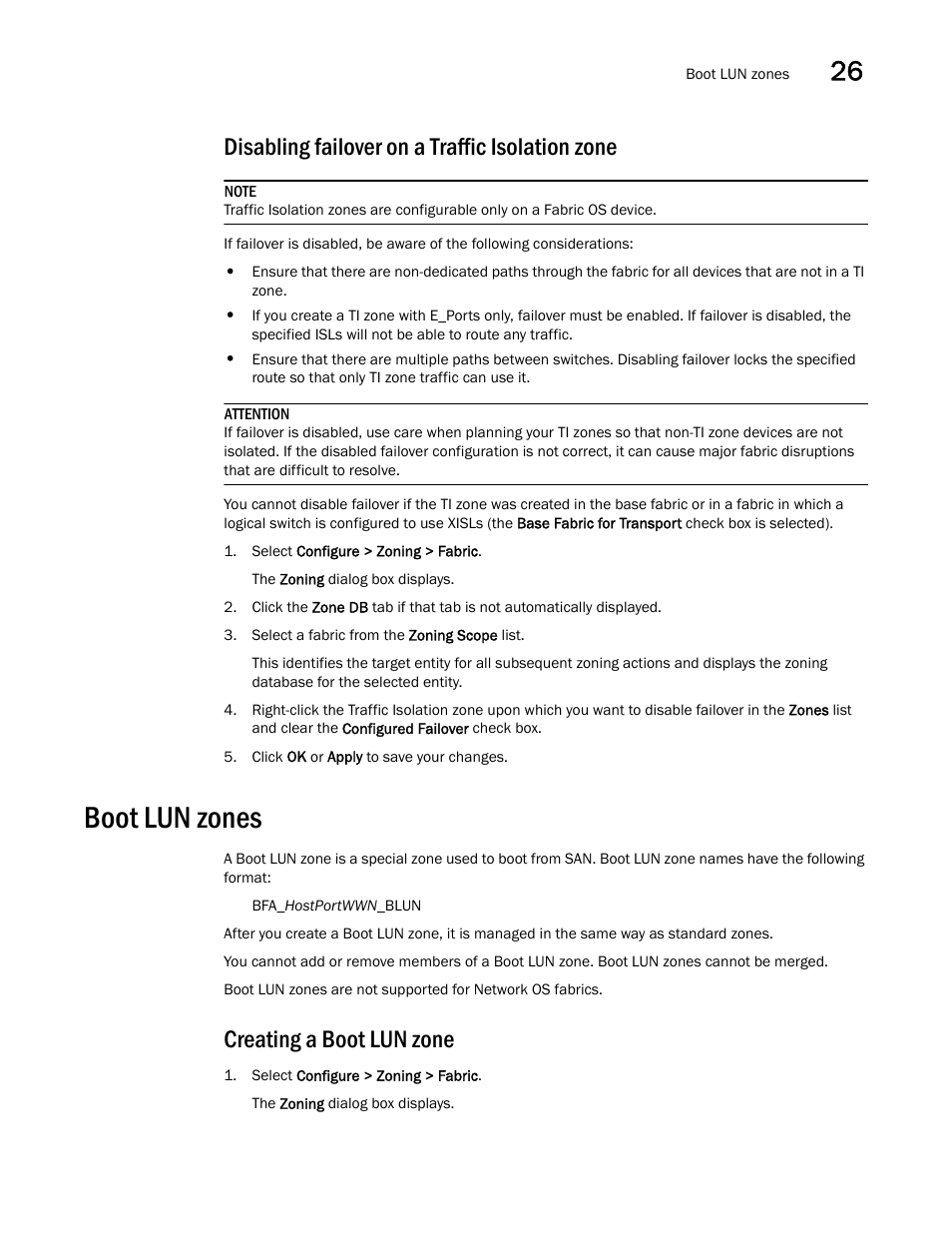 Disabling failover on a traffic isolation zone, Boot lun zones, Creating a boot lun zone | Boot lun zones 3 | Brocade Network Advisor SAN + IP User Manual v12.3.0 User Manual | Page 1275 / 2702