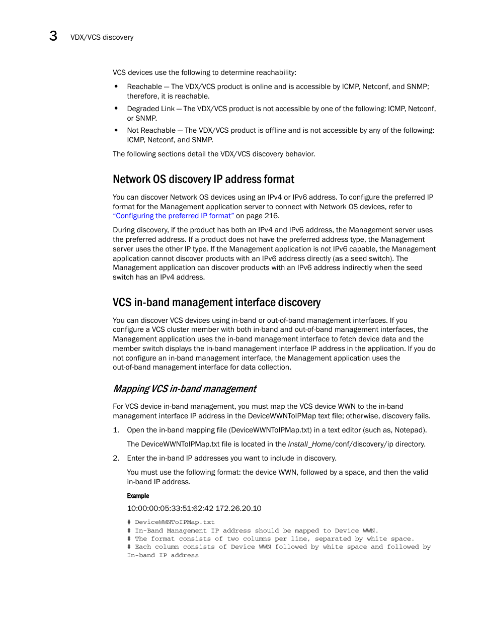 Vcs in-band management interface discovery, Network os discovery ip address format, Mapping vcs in-band management | Brocade Network Advisor SAN + IP User Manual v12.3.0 User Manual | Page 134 / 2702