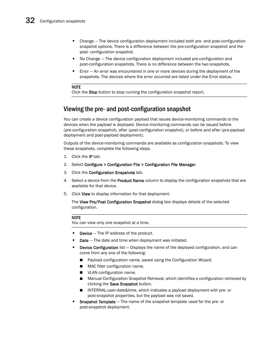 Viewing the pre- and post-configuration snapshot | Brocade Network Advisor SAN + IP User Manual v12.3.0 User Manual | Page 1448 / 2702