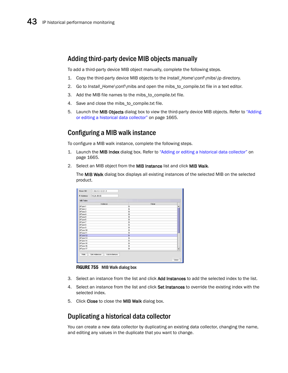 Adding third-party device mib objects manually, Configuring a mib walk instance, Duplicating a historical data collector | Adding third-party device, Mib objects manually | Brocade Network Advisor SAN + IP User Manual v12.3.0 User Manual | Page 1744 / 2702