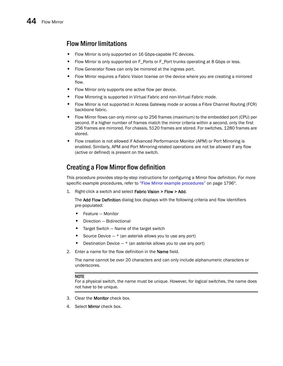 Flow mirror limitations, Creating a flow mirror flow definition, Creating a | Flow mirror flow definition, Creating a flow mirror flow, Definition | Brocade Network Advisor SAN + IP User Manual v12.3.0 User Manual | Page 1862 / 2702