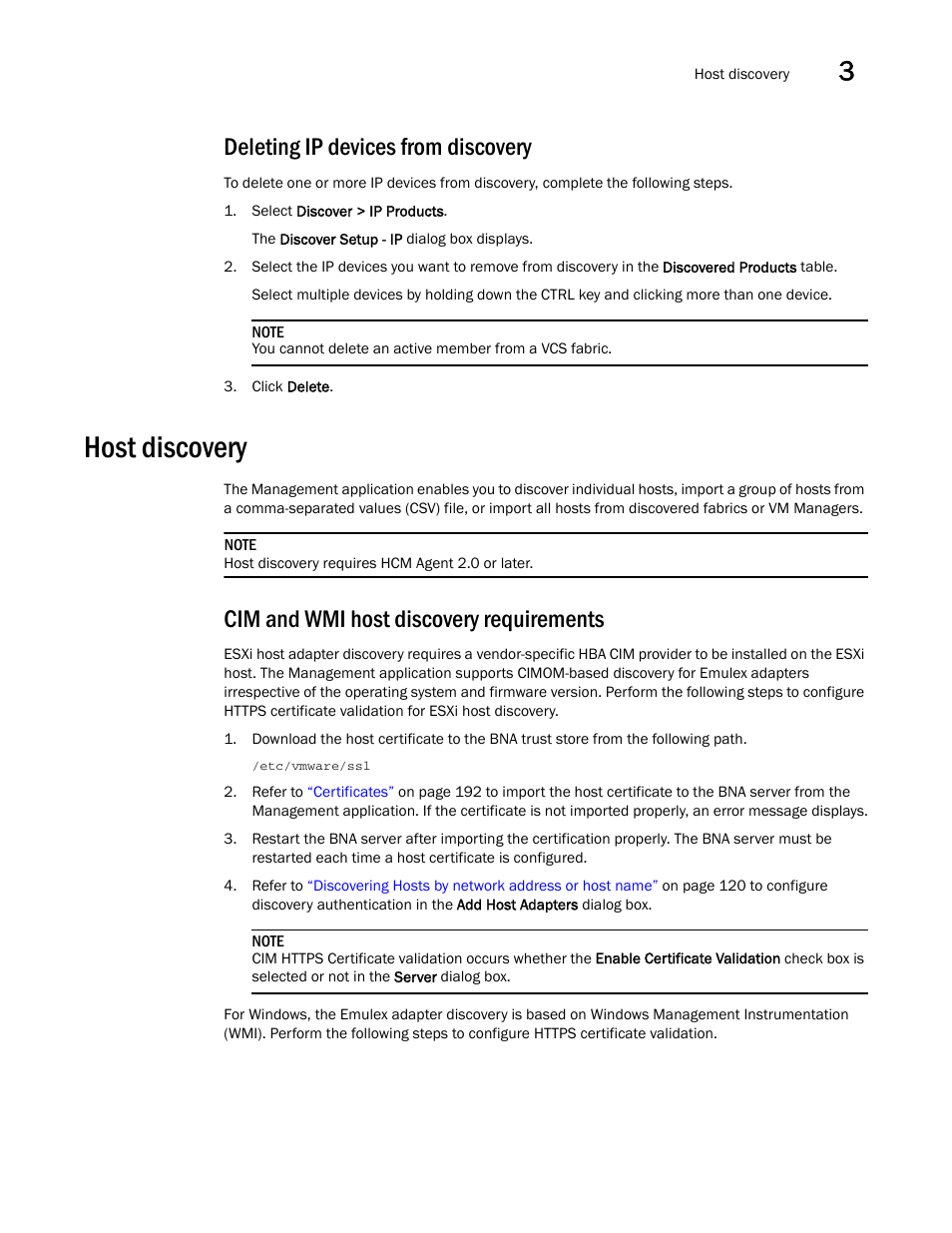 Deleting ip devices from discovery, Host discovery, Cim and wmi host discovery requirements | Deleting ip devices from, Discovery | Brocade Network Advisor SAN + IP User Manual v12.3.0 User Manual | Page 189 / 2702