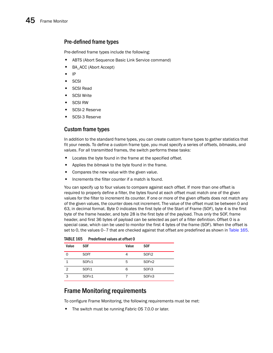 Frame monitoring requirements, Pre-defined frame types, Custom frame types | Brocade Network Advisor SAN + IP User Manual v12.3.0 User Manual | Page 1894 / 2702