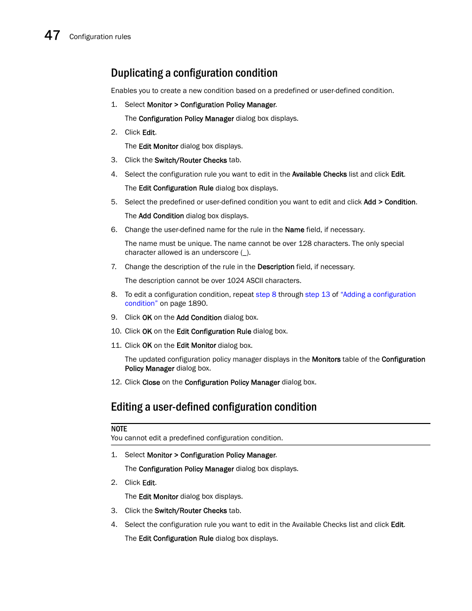 Duplicating a configuration condition, Editing a user-defined configuration condition, Editing | A user-defined configuration condition | Brocade Network Advisor SAN + IP User Manual v12.3.0 User Manual | Page 1964 / 2702