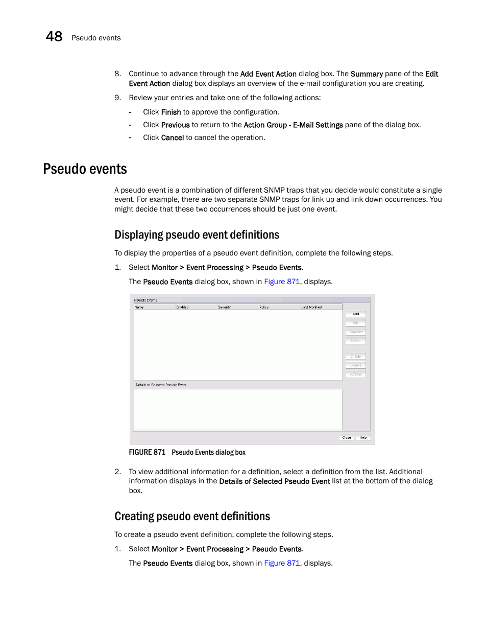 Pseudo events, Displaying pseudo event definitions, Creating pseudo event definitions | Pseudo events 8 | Brocade Network Advisor SAN + IP User Manual v12.3.0 User Manual | Page 2020 / 2702