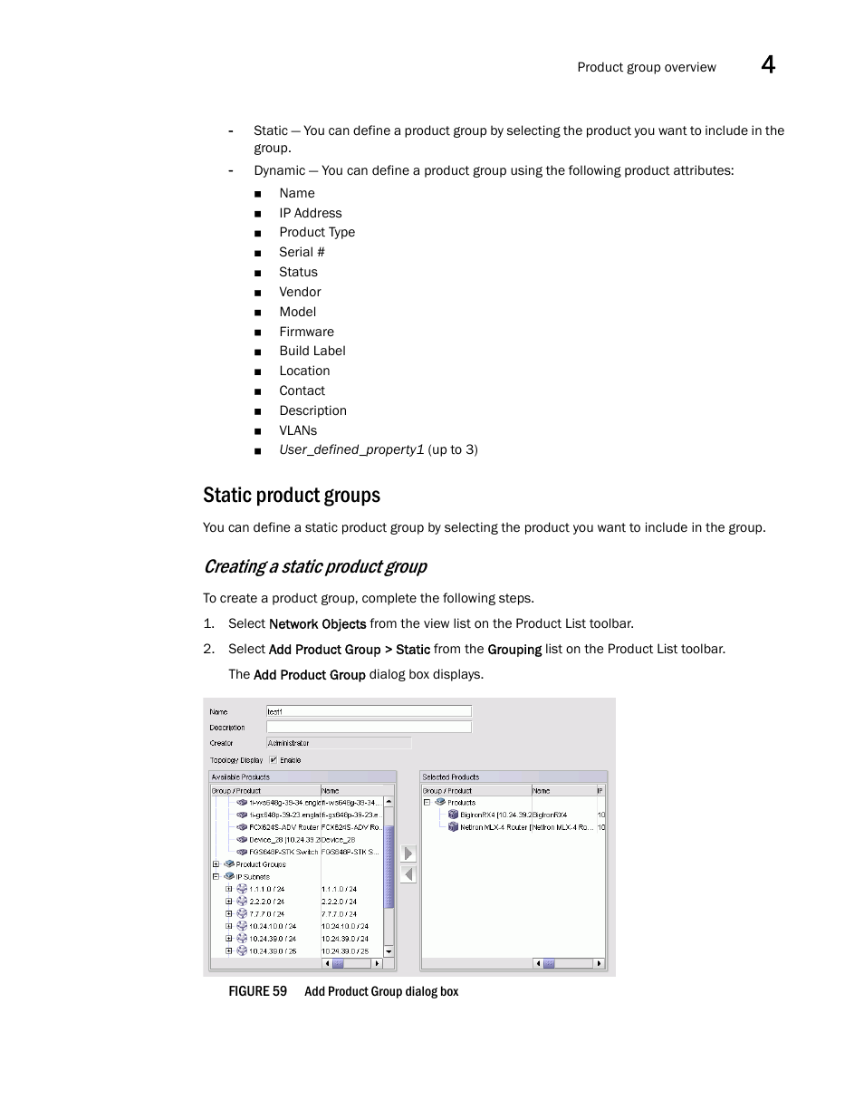 Static product groups, Creating a static product group | Brocade Network Advisor SAN + IP User Manual v12.3.0 User Manual | Page 211 / 2702