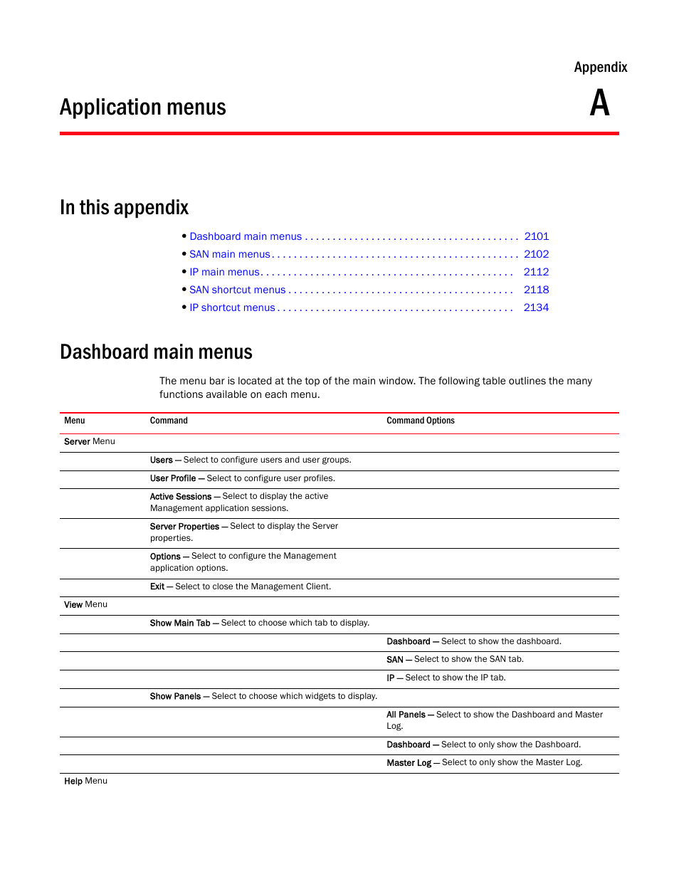 Application menus, Dashboard main menus, Appendix a | Dashboard main menus 1, Appendix a, “application menus, Appendix | Brocade Network Advisor SAN + IP User Manual v12.3.0 User Manual | Page 2173 / 2702