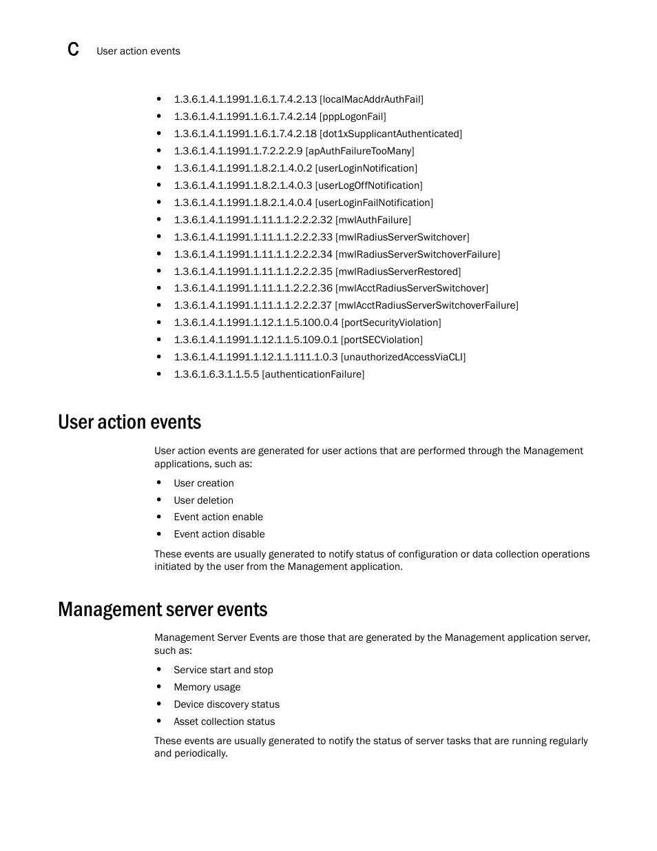 User action events, Management server events, User action events 6 | Management server events 6 | Brocade Network Advisor SAN + IP User Manual v12.3.0 User Manual | Page 2218 / 2702