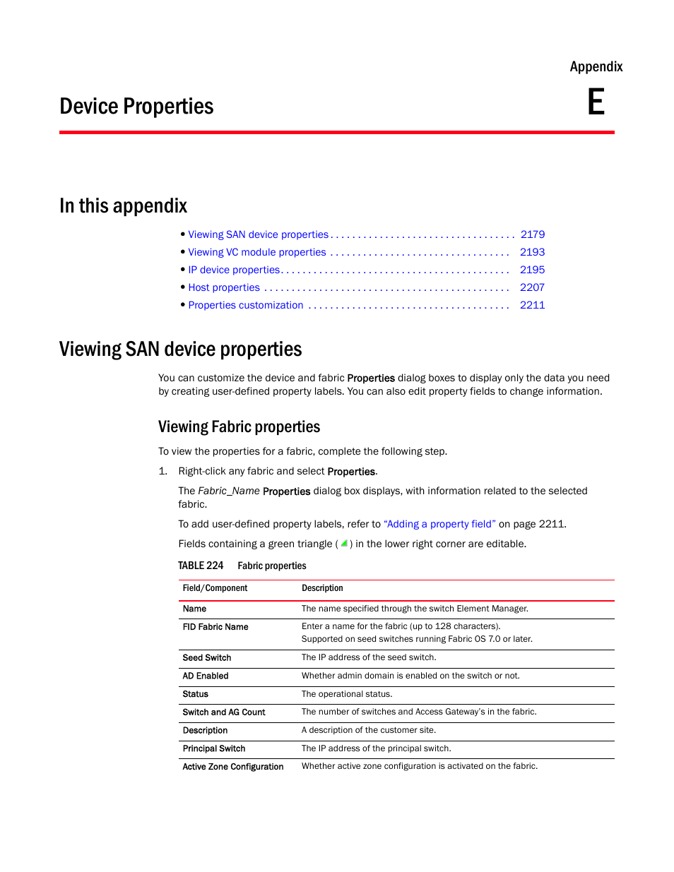 Device properties, Viewing san device properties, Appendix e | Appendix e, “device properties, Viewing fabric properties, Appendix | Brocade Network Advisor SAN + IP User Manual v12.3.0 User Manual | Page 2251 / 2702