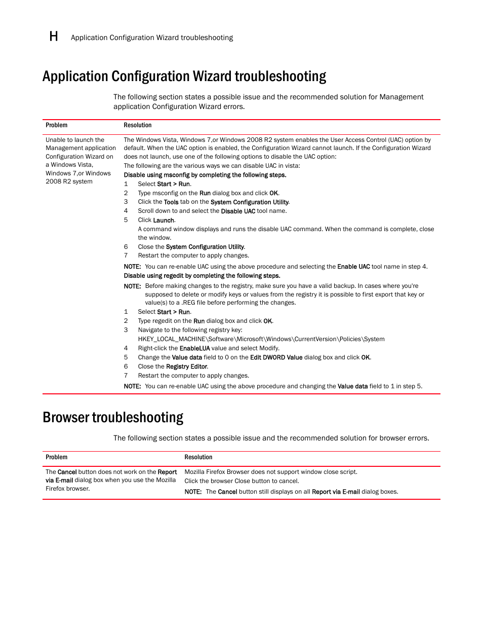 Application configuration wizard troubleshooting, Browser troubleshooting, Application configuration wizard troubleshooting 0 | Browser troubleshooting 0 | Brocade Network Advisor SAN + IP User Manual v12.3.0 User Manual | Page 2312 / 2702
