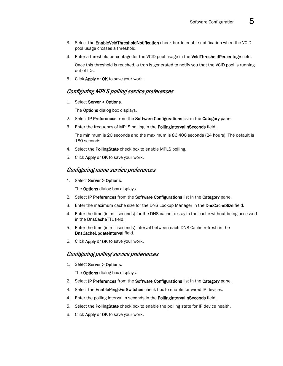 Configuring, Polling service preferences, Configuring polling service preferences | Configuring mpls polling service preferences, Configuring name service preferences | Brocade Network Advisor SAN + IP User Manual v12.3.0 User Manual | Page 277 / 2702