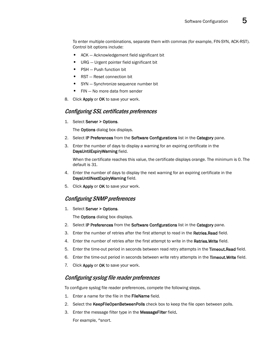 Configuring ssl certificates preferences, Configuring snmp preferences, Configuring syslog file reader preferences | Brocade Network Advisor SAN + IP User Manual v12.3.0 User Manual | Page 279 / 2702