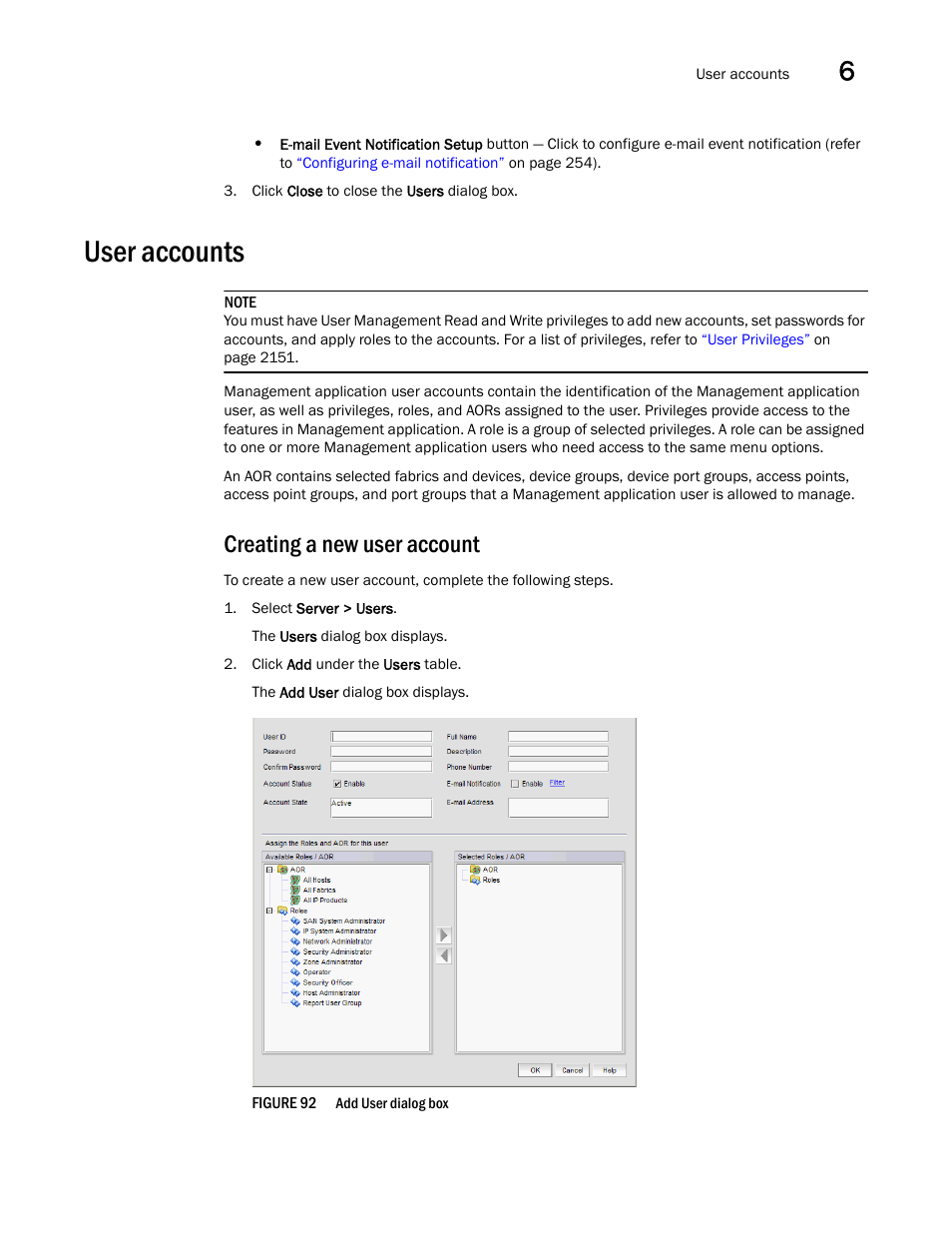 User accounts, Creating a new user account | Brocade Network Advisor SAN + IP User Manual v12.3.0 User Manual | Page 305 / 2702