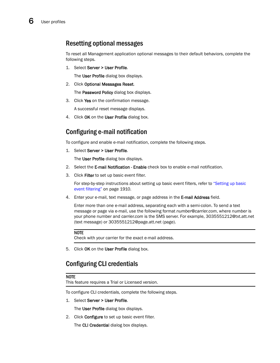 Resetting optional messages, Configuring e-mail notification, Configuring cli credentials | Brocade Network Advisor SAN + IP User Manual v12.3.0 User Manual | Page 326 / 2702