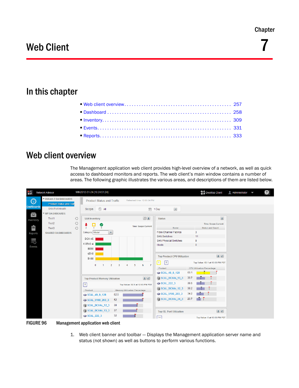 Web client, Web client overview, Chapter 7 | Chapter 7, “web client | Brocade Network Advisor SAN + IP User Manual v12.3.0 User Manual | Page 329 / 2702