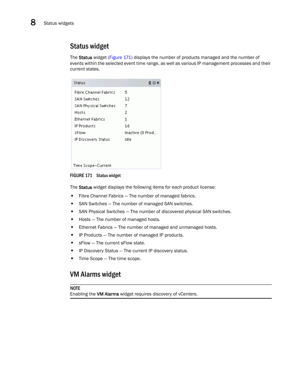 Status widget, Vm alarms widget | Brocade Network Advisor SAN + IP User Manual v12.3.0 User Manual | Page 468 / 2702