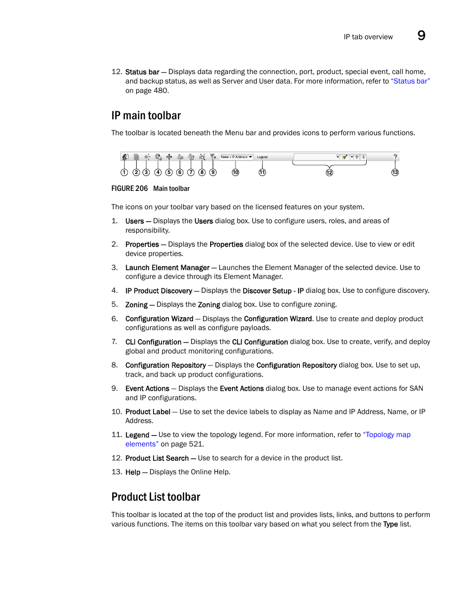 Ip main toolbar, Product list toolbar | Brocade Network Advisor SAN + IP User Manual v12.3.0 User Manual | Page 543 / 2702