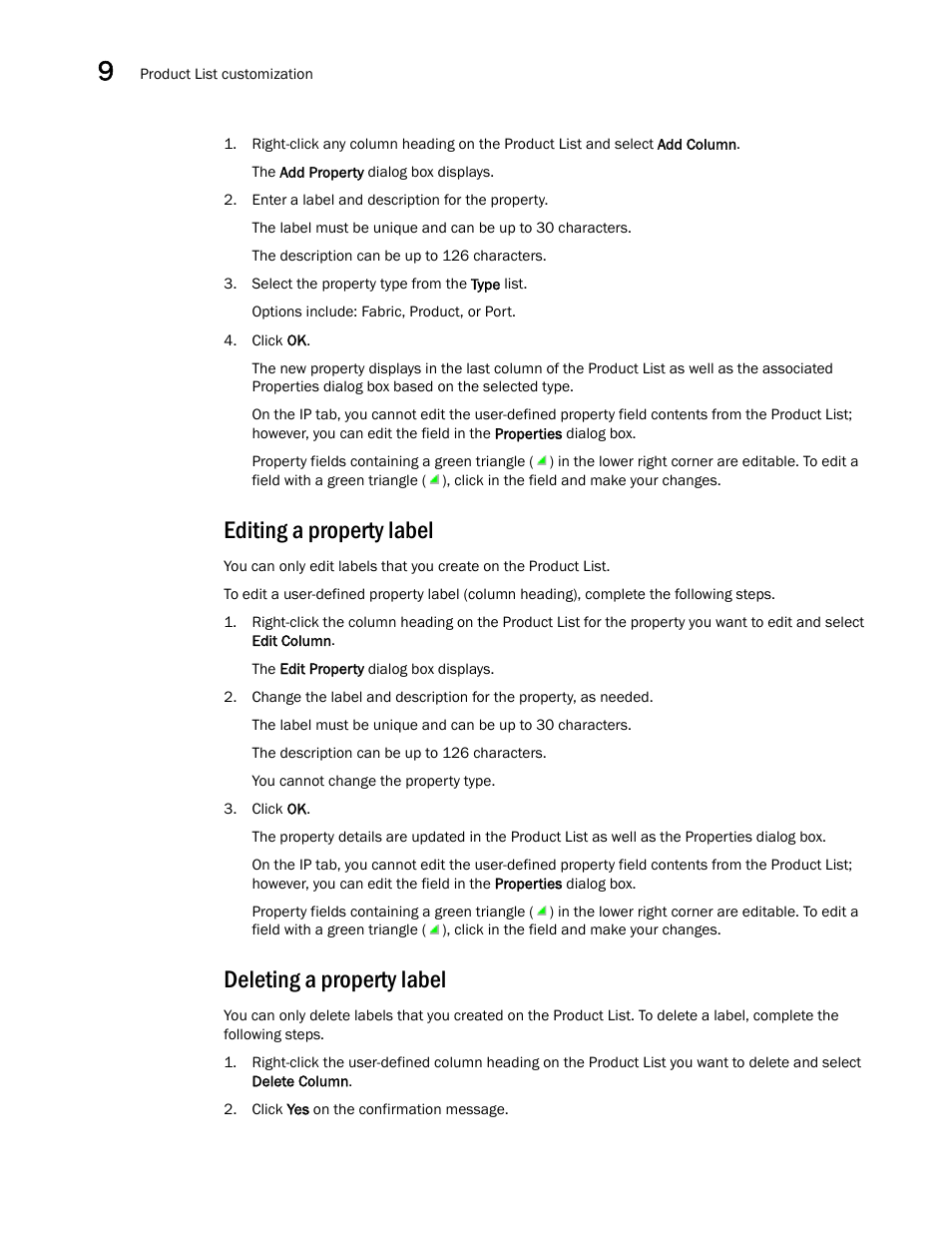 Editing a property label, Deleting a property label | Brocade Network Advisor SAN + IP User Manual v12.3.0 User Manual | Page 564 / 2702
