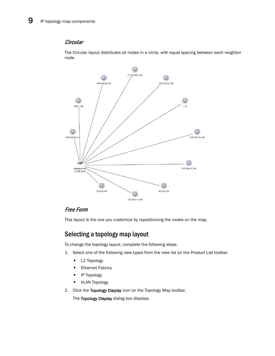 Selecting a topology map layout, Circular, Free form | Brocade Network Advisor SAN + IP User Manual v12.3.0 User Manual | Page 598 / 2702