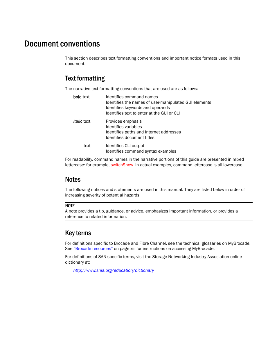 Document conventions, Text formatting, Notes | Key terms | Brocade Network Advisor SAN Installation and Migration Guide (Supporting Network Advisor 12.3.0) User Manual | Page 12 / 93