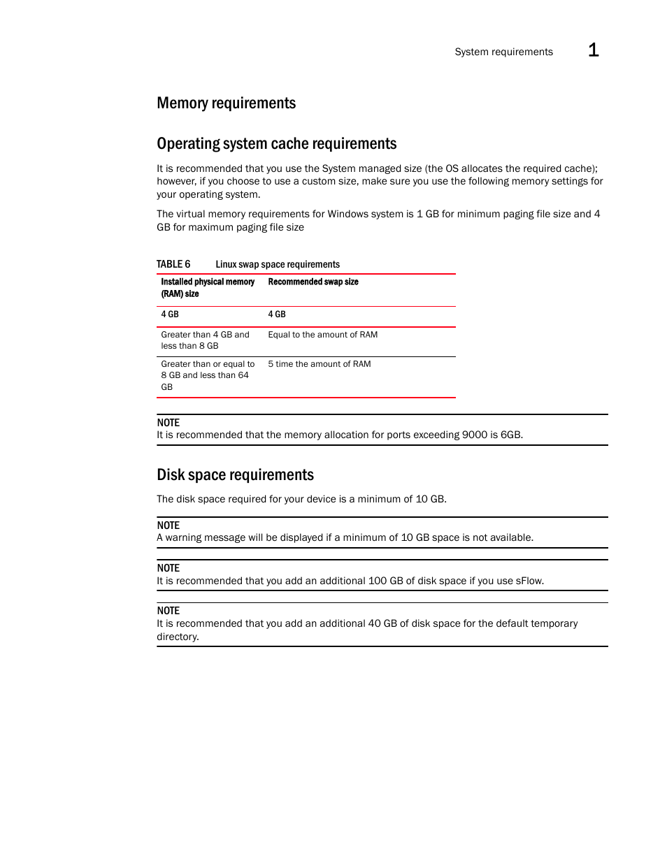 Memory requirements, Operating system cache requirements, Disk space requirements | Brocade Network Advisor SAN Installation and Migration Guide (Supporting Network Advisor 12.3.0) User Manual | Page 21 / 93