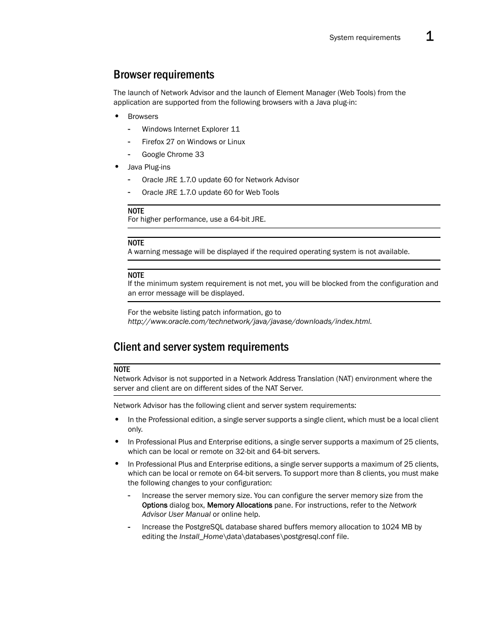 Browser requirements, Client and server system requirements | Brocade Network Advisor SAN Installation and Migration Guide (Supporting Network Advisor 12.3.0) User Manual | Page 23 / 93