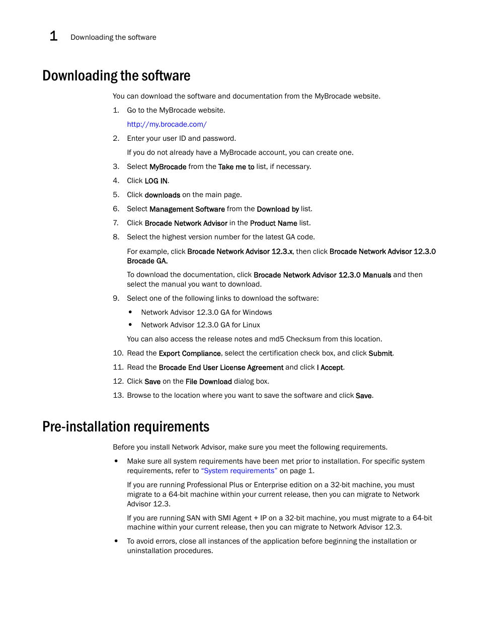 Downloading the software, Pre-installation requirements | Brocade Network Advisor SAN Installation and Migration Guide (Supporting Network Advisor 12.3.0) User Manual | Page 24 / 93