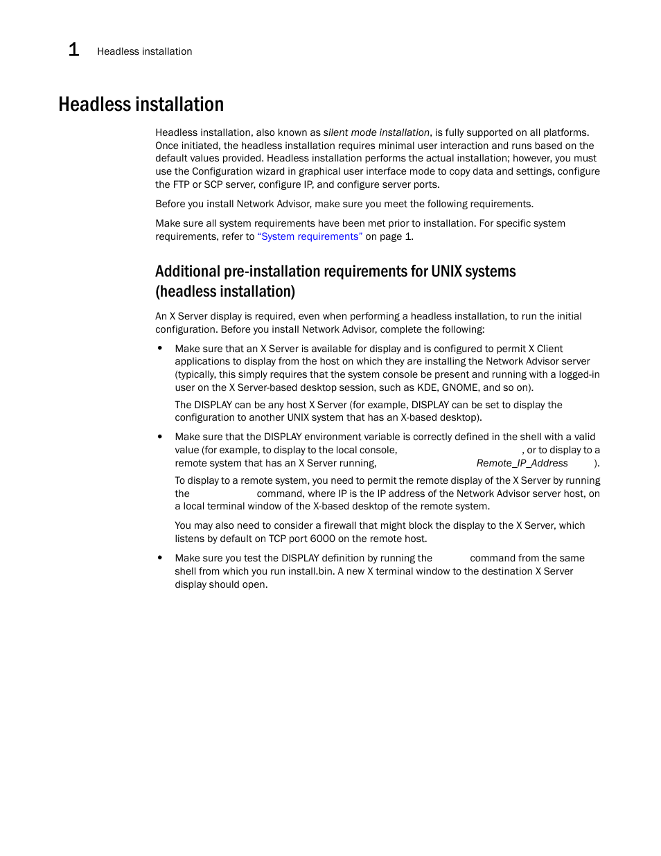 Headless installation, Additional pre-installation requirements for, Unix systems (headless installation) | Brocade Network Advisor SAN Installation and Migration Guide (Supporting Network Advisor 12.3.0) User Manual | Page 28 / 93