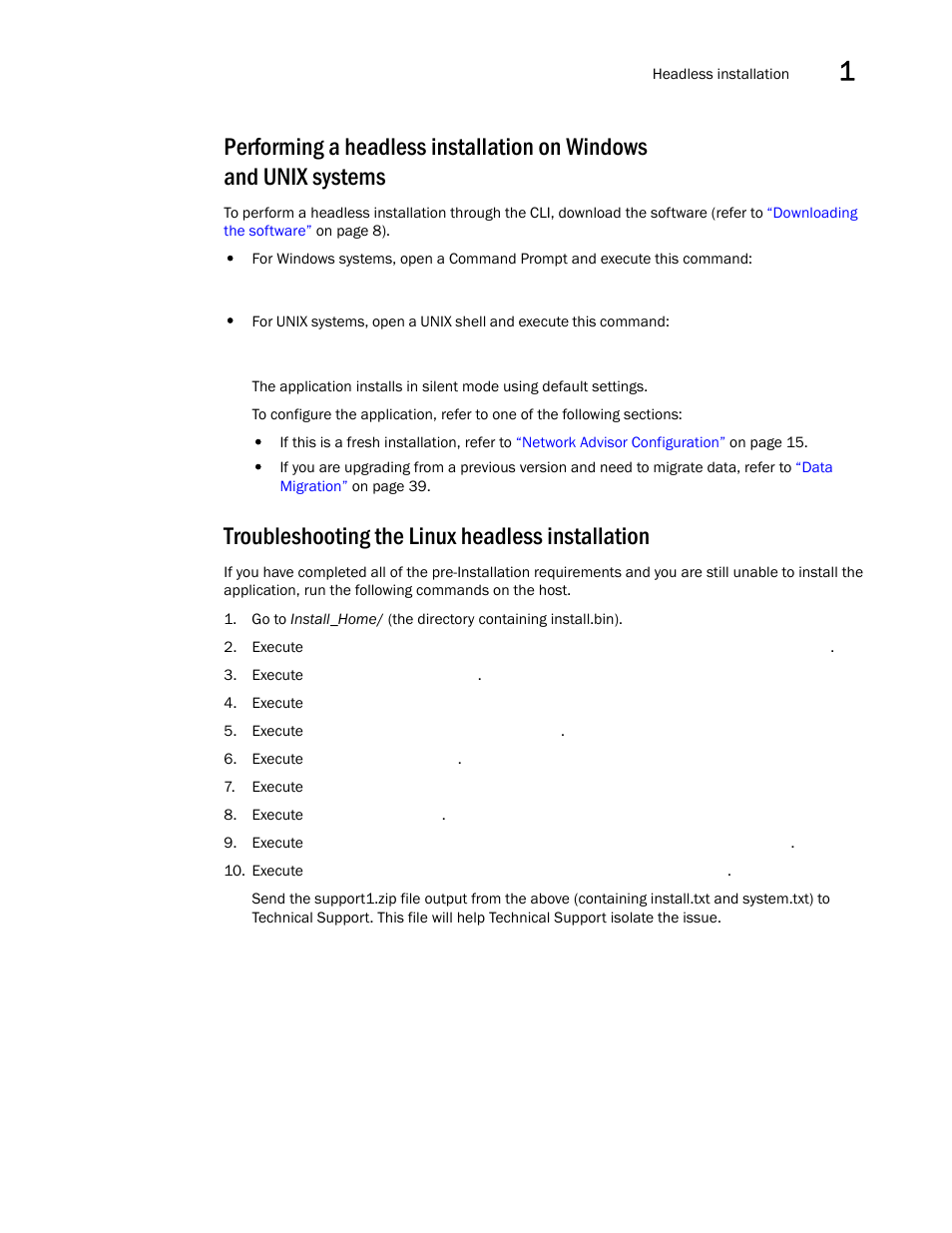 Troubleshooting the linux headless installation, Performing a headless installation on windows and, Unix systems | Brocade Network Advisor SAN Installation and Migration Guide (Supporting Network Advisor 12.3.0) User Manual | Page 29 / 93