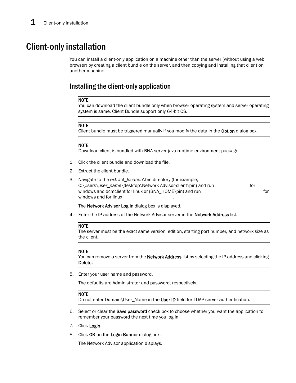 Client-only installation, Installing the client-only application | Brocade Network Advisor SAN Installation and Migration Guide (Supporting Network Advisor 12.3.0) User Manual | Page 30 / 93
