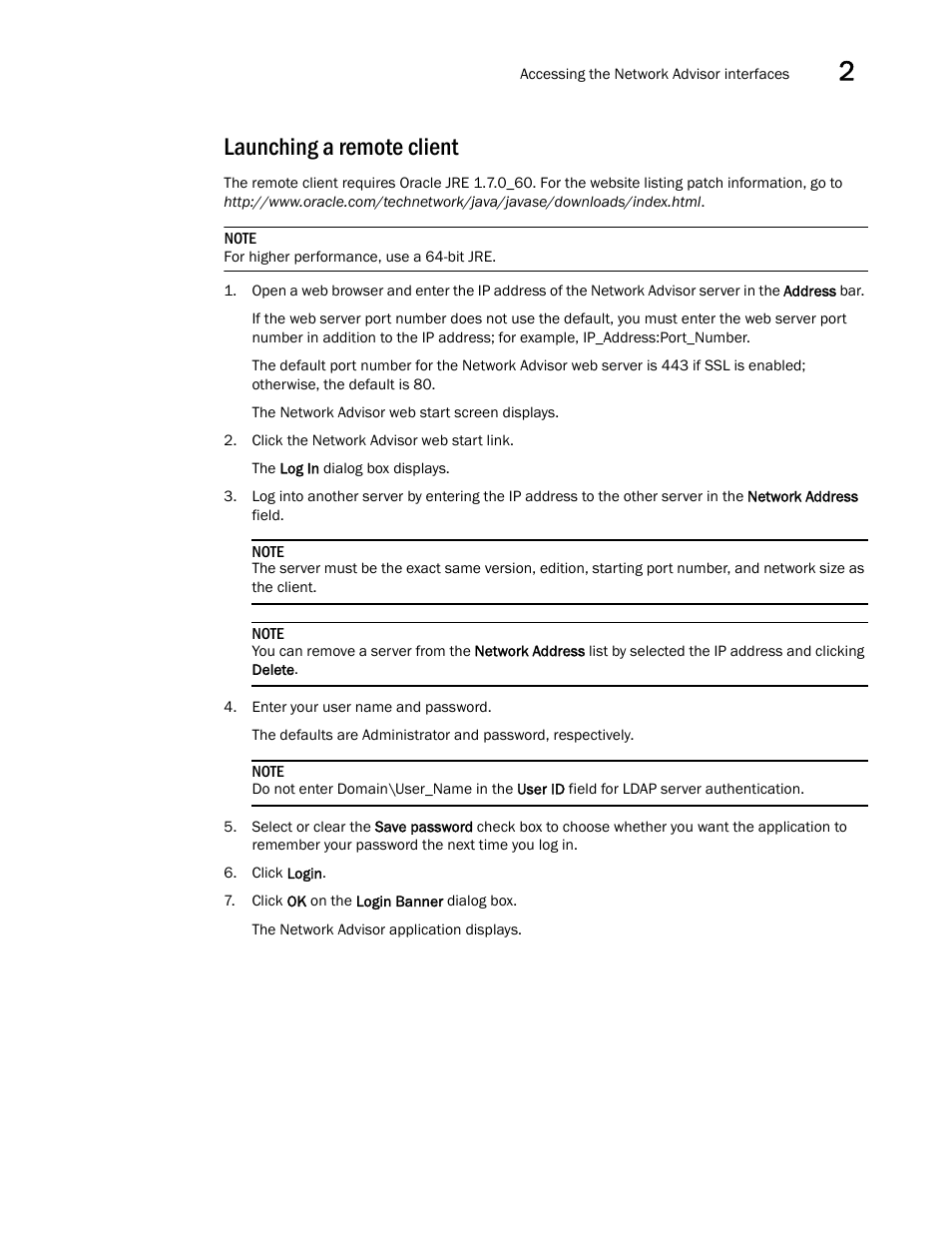 Launching a remote client | Brocade Network Advisor SAN Installation and Migration Guide (Supporting Network Advisor 12.3.0) User Manual | Page 39 / 93