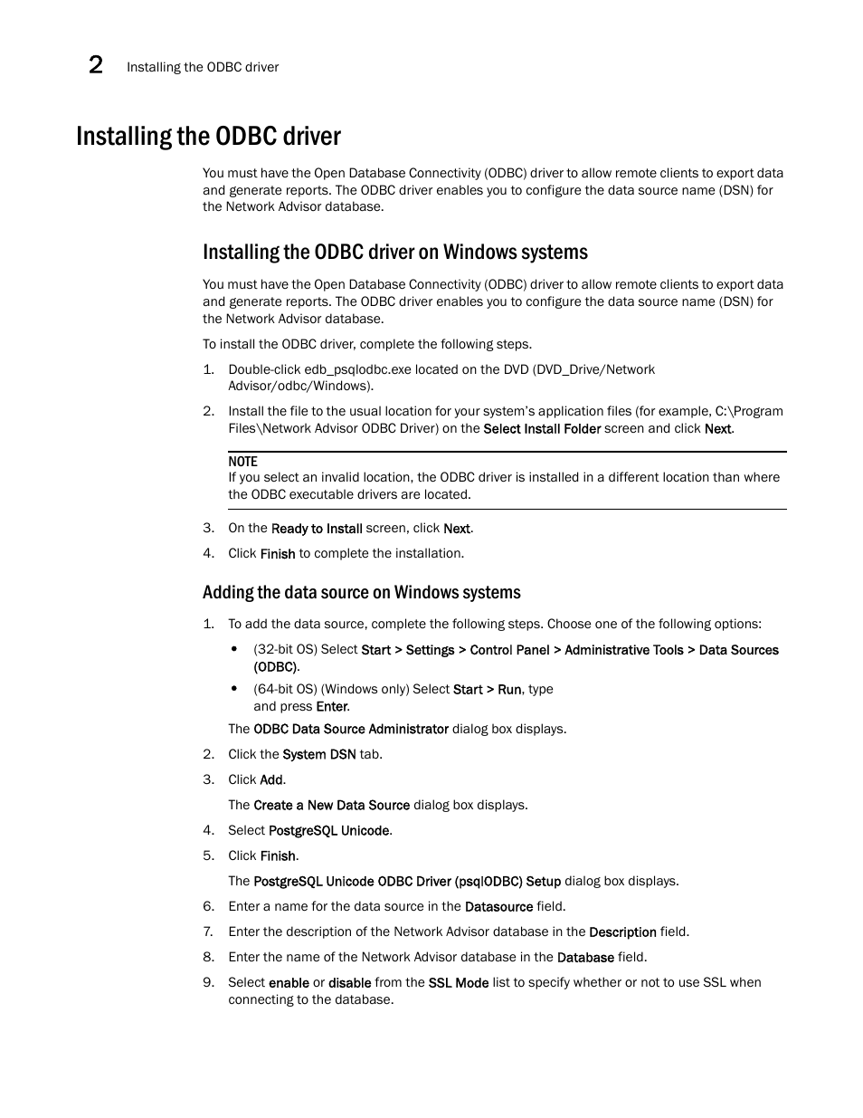 Installing the odbc driver, Installing the odbc driver on windows systems, Adding the data source on windows systems | Brocade Network Advisor SAN Installation and Migration Guide (Supporting Network Advisor 12.3.0) User Manual | Page 42 / 93