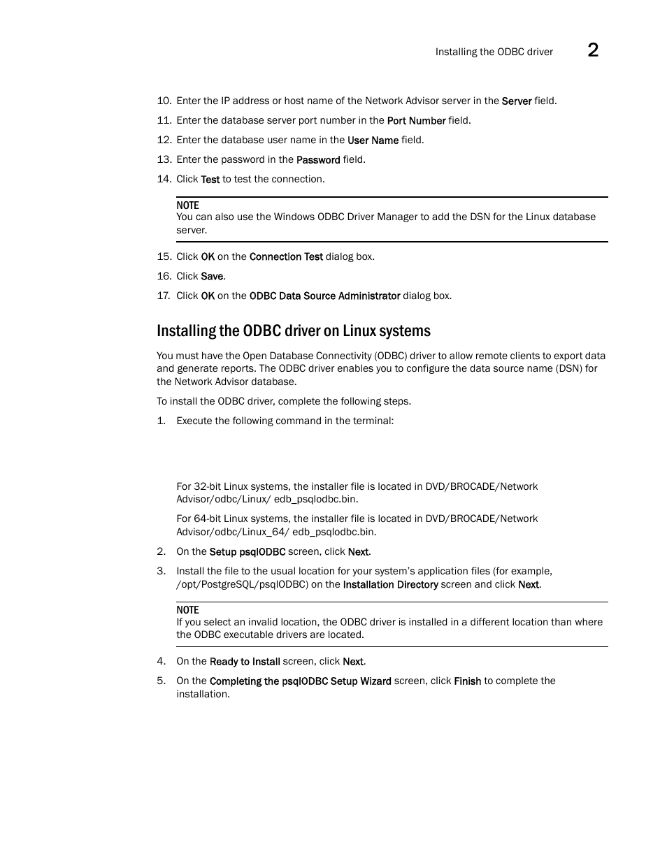 Installing the odbc driver on linux systems | Brocade Network Advisor SAN Installation and Migration Guide (Supporting Network Advisor 12.3.0) User Manual | Page 43 / 93