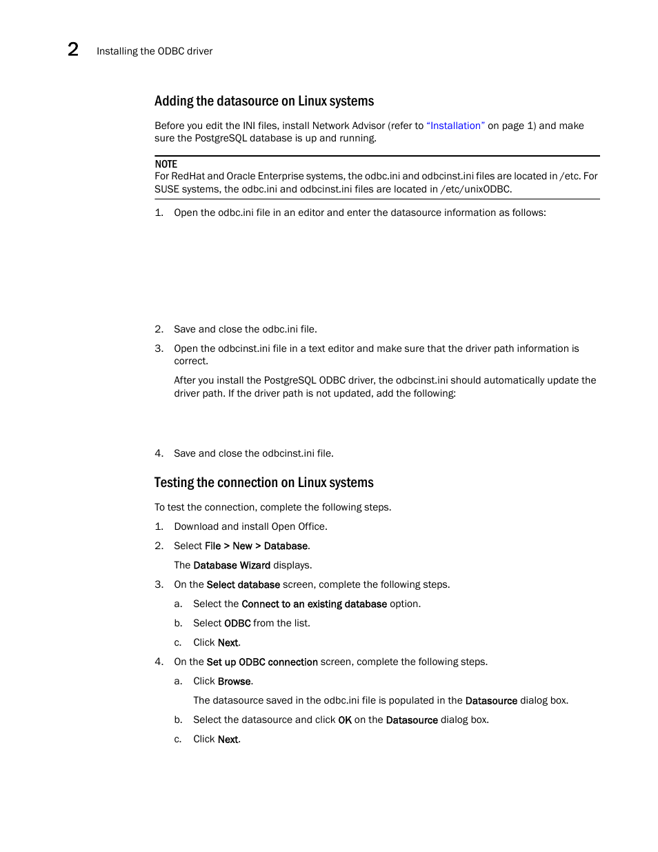 Adding the datasource on linux systems, Testing the connection on linux systems | Brocade Network Advisor SAN Installation and Migration Guide (Supporting Network Advisor 12.3.0) User Manual | Page 44 / 93