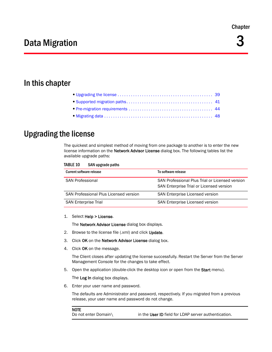 Data migration, Upgrading the license, Chapter 3 | Chapter 3, “data migration, Data, Migration | Brocade Network Advisor SAN Installation and Migration Guide (Supporting Network Advisor 12.3.0) User Manual | Page 55 / 93
