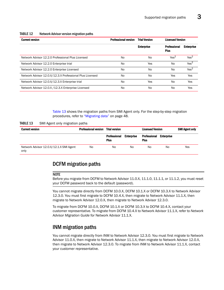 Dcfm migration paths, Inm migration paths | Brocade Network Advisor SAN Installation and Migration Guide (Supporting Network Advisor 12.3.0) User Manual | Page 59 / 93