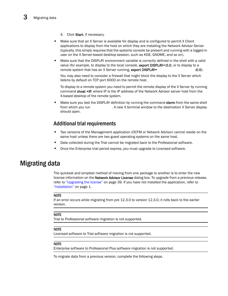 Additional trial requirements, Migrating data, Ur data | Brocade Network Advisor SAN Installation and Migration Guide (Supporting Network Advisor 12.3.0) User Manual | Page 64 / 93