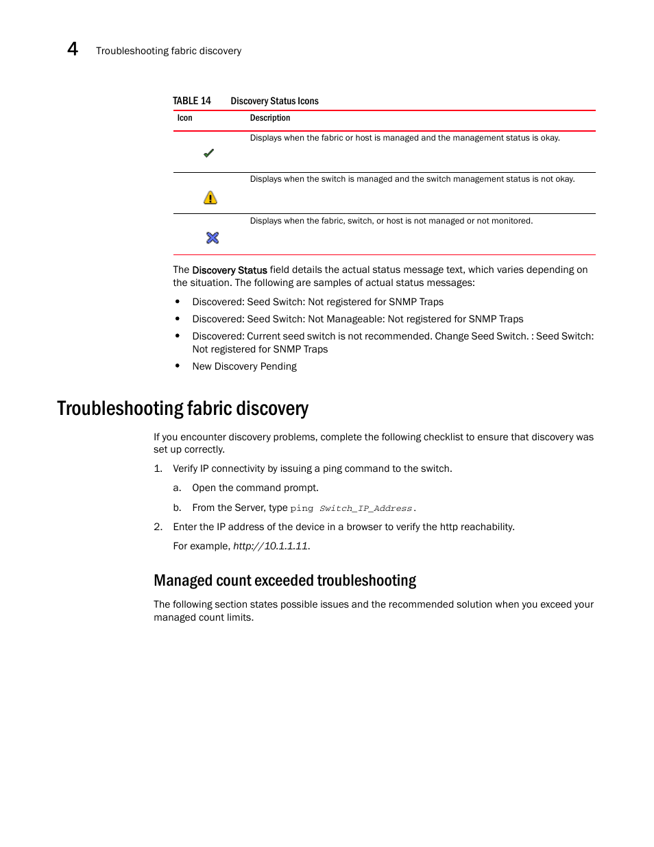 Troubleshooting fabric discovery, Managed count exceeded troubleshooting | Brocade Network Advisor SAN User Manual v12.1.0 User Manual | Page 100 / 1690
