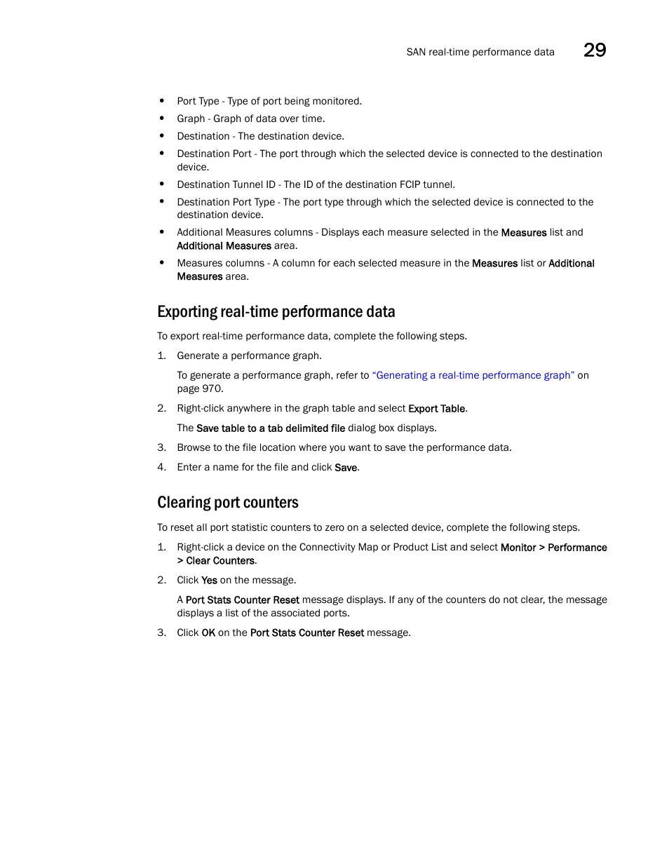 Exporting real-time performance data, Clearing port counters | Brocade Network Advisor SAN User Manual v12.1.0 User Manual | Page 1021 / 1690