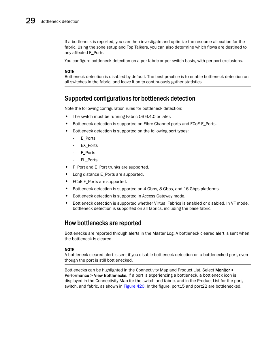 Supported configurations for bottleneck detection, How bottlenecks are reported | Brocade Network Advisor SAN User Manual v12.1.0 User Manual | Page 1040 / 1690