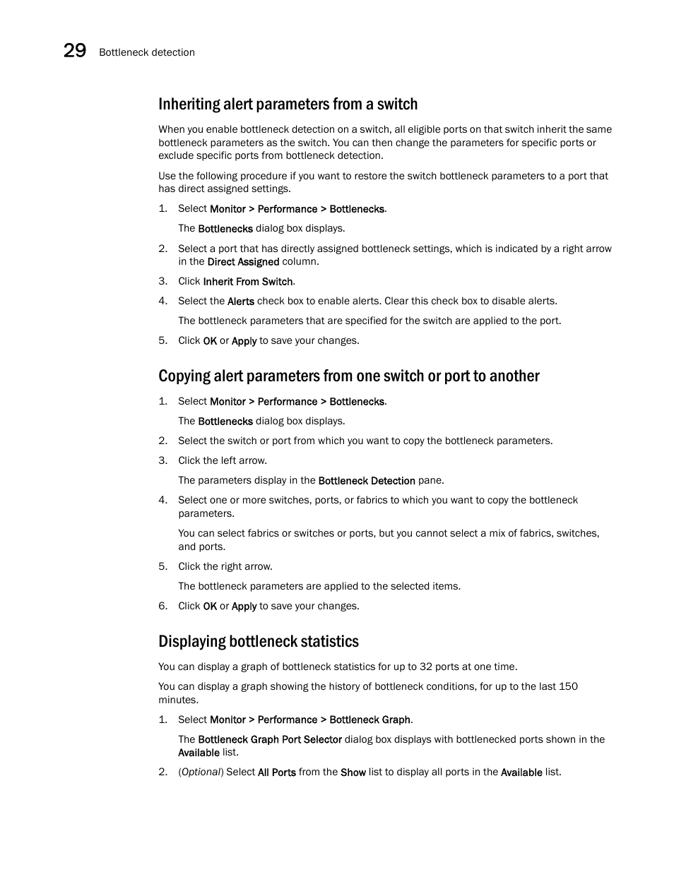 Inheriting alert parameters from a switch, Displaying bottleneck statistics | Brocade Network Advisor SAN User Manual v12.1.0 User Manual | Page 1044 / 1690