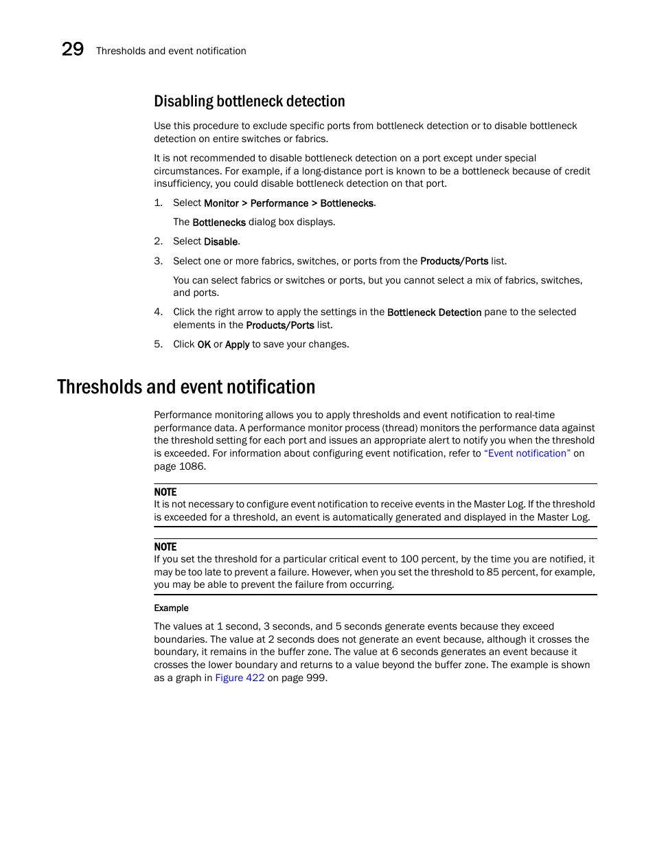Disabling bottleneck detection, Thresholds and event notification | Brocade Network Advisor SAN User Manual v12.1.0 User Manual | Page 1046 / 1690