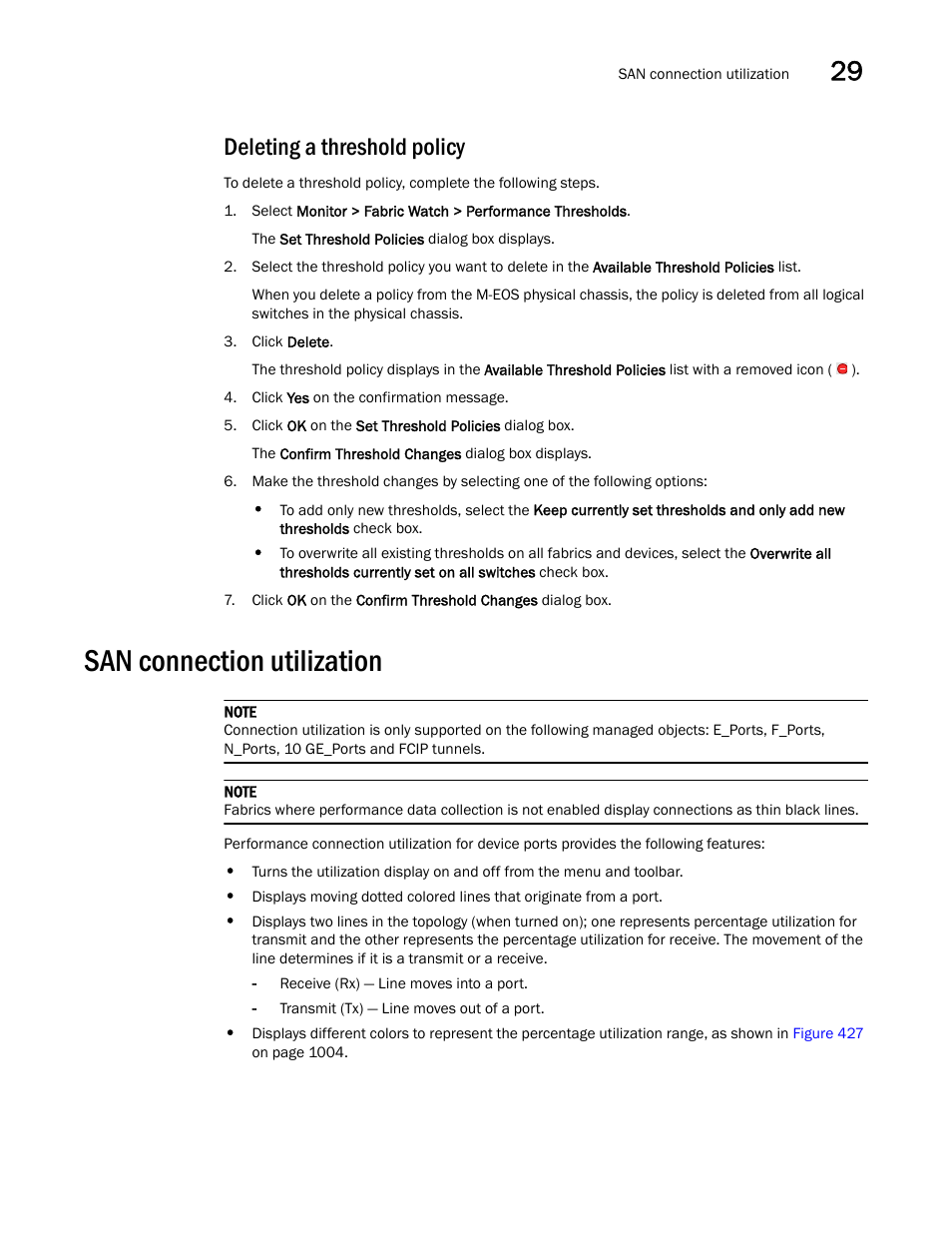 Deleting a threshold policy, San connection utilization, San connection utilization 3 | Brocade Network Advisor SAN User Manual v12.1.0 User Manual | Page 1051 / 1690